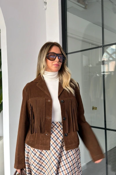 KAHVE PÜSKÜL DETAYLI SÜET CEKET