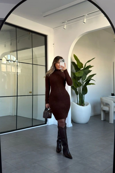 KAHVE SAKALLI ELBİSE