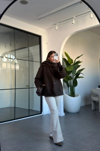 KAHVE ŞAL AKSESUARLI SAKALLI CEKET