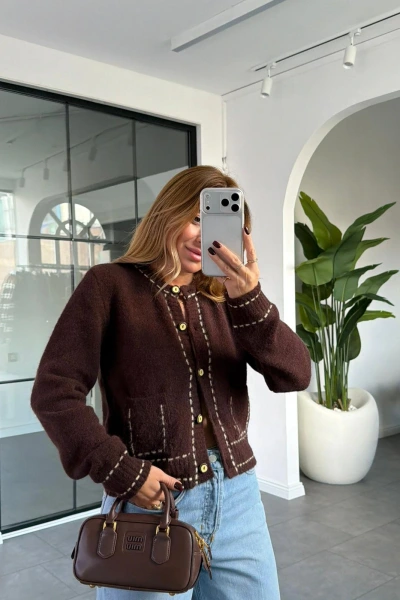 KAHVE ŞERİT DETAYLI HIRKA