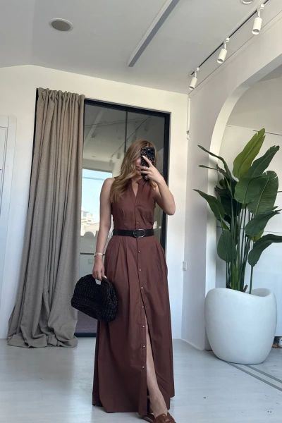 KAHVE SIFIR KOL KEMERLİ ELBİSE