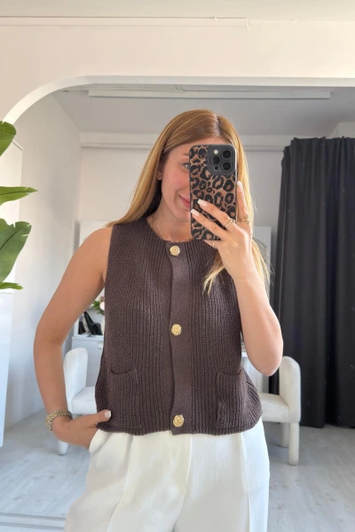 kahve sıfır kol triko yelek