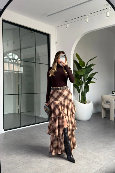 KAHVE ŞİFON KAT KAT KEMERLİ ETEK