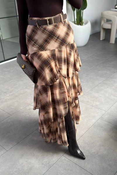 KAHVE ŞİFON KAT KAT KEMERLİ ETEK