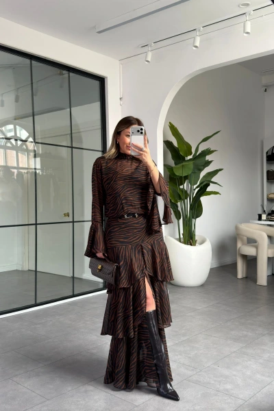 KAHVE SİYAH UZUN TASARIM ELBİSE