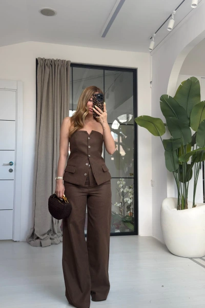 KAHVE STRAPLEZ YELEKLİ TAKIM