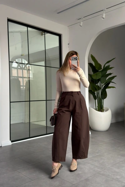 KAHVE TEK PİLELİ ŞALVAR PANTALON