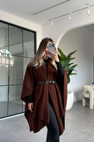 KAHVE TRİKO KEMERLİ ŞAL PANÇO