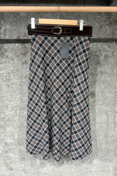 KAHVE VİZON YIRTMAÇ DETAY KEMERLİ EKOSE ETEK