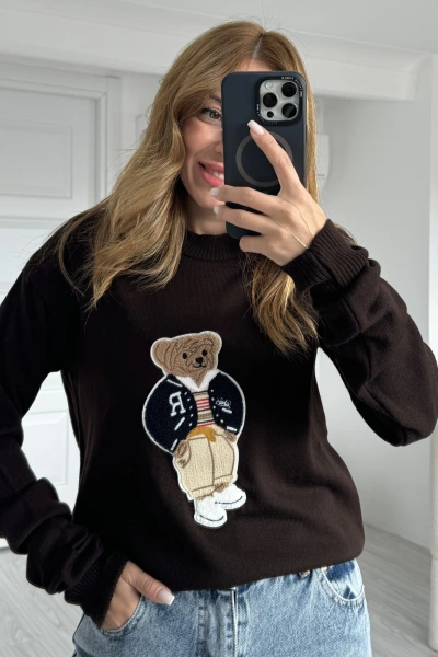 Kahverengi Ayıcık Baskılı Muadil Kazak