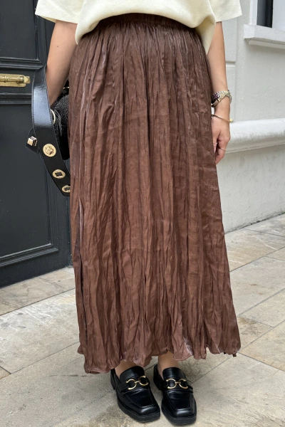 Kahverengi Beli Lastikli Kırışık Etek