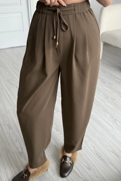Kahverengi Beli Lastikli Pilili Pantolon