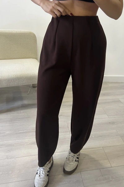 Kahverengi Beli Lastıklı Şalvar Kesim Krep Pantolon