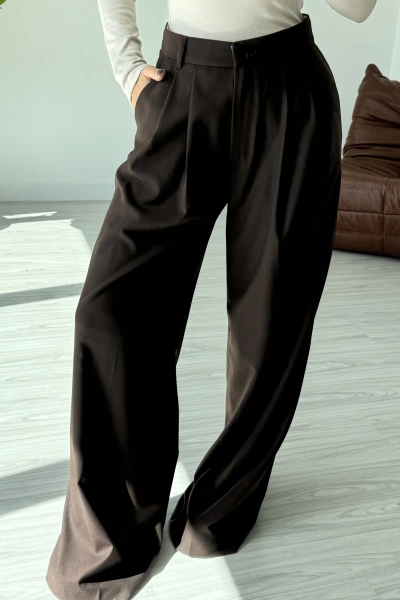 Kahverengi Beli V Detaylı Palazzo Pantolon