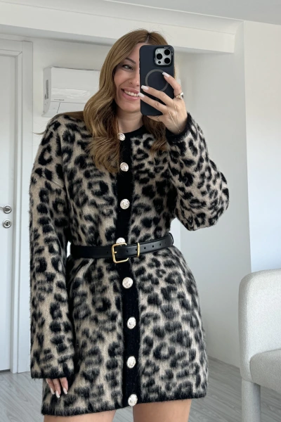 Kahverengi Bisiklet Yaka Uzun Leopar Hırka