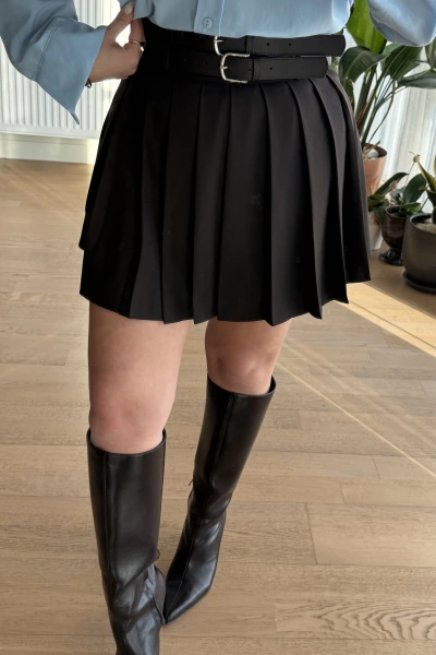 Kahverengi Çift Kemerli Pileli Etek