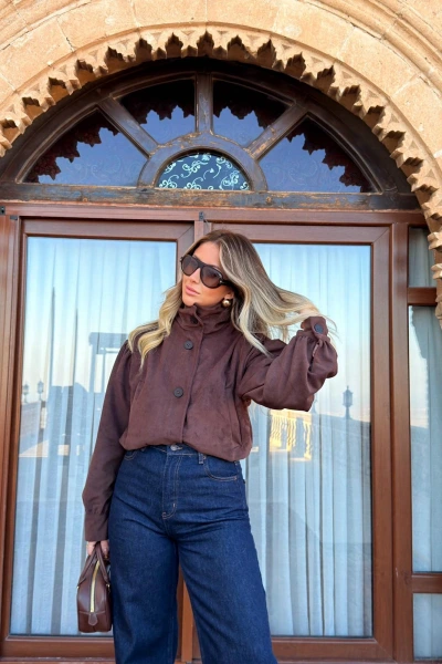 KAHVERENGİ DİK YAKA NUBUK MONT