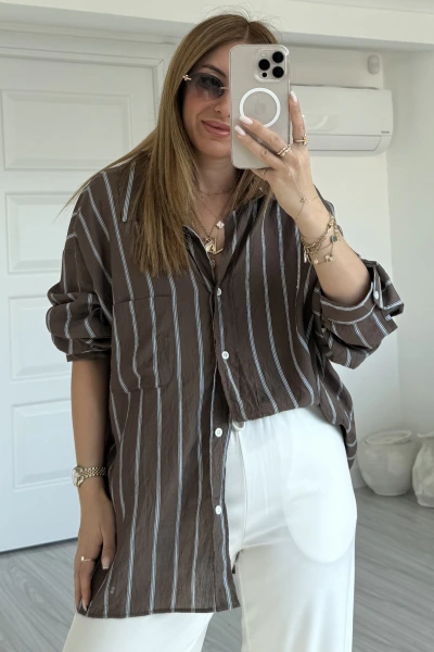 Kahverengi Dökümlü Çizgili Oversize Gömlek