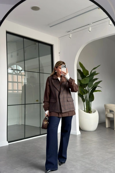 KAHVERENGİ EKOSE DESEN PARAŞÜT CEKET