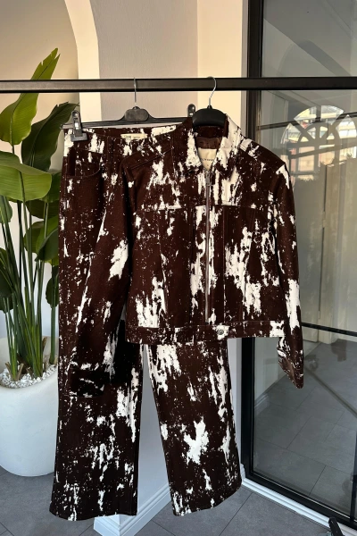 KAHVERENGİ KADİFE BATİK DESEN CEKET PANTOLON TAKIM