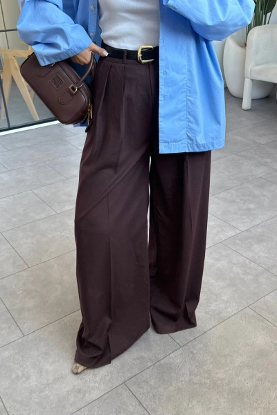 KAHVERENGİ KEMERLİ PİLİLİ PALAZZO PANTOLON