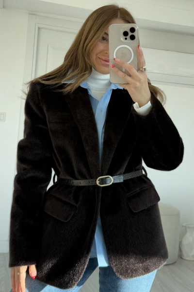 Kahverengi Kemerli Premium Kalite Peluş Ceket