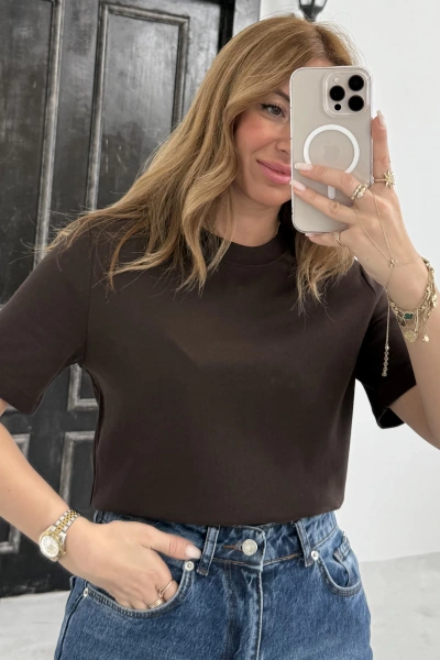 Kahverengi Kısa Kol Düz Basic T-shirt
