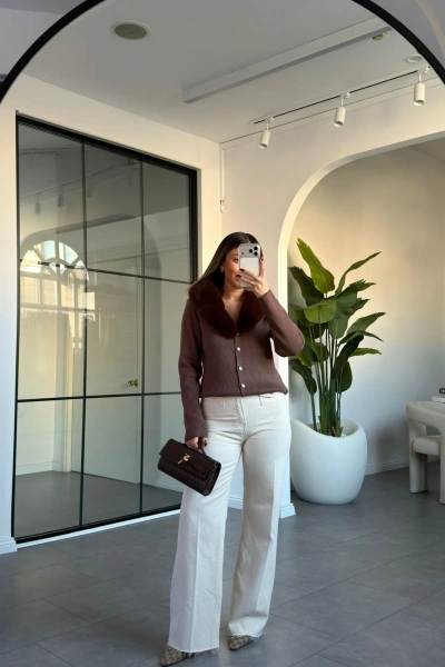 KAHVERENGİ KÜRK YAKA PREMİUM HIRKA