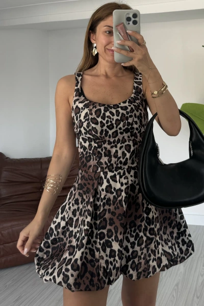 Kahverengi Leopar Desen Balon Elbise