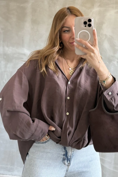 Kahverengi Önü Düğüm Detay Düşük Omuz Gömlek