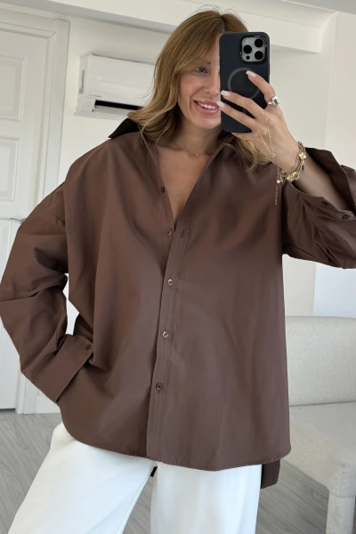 Kahverengi Poplin Kumaş Basic Oversize Gömlek
