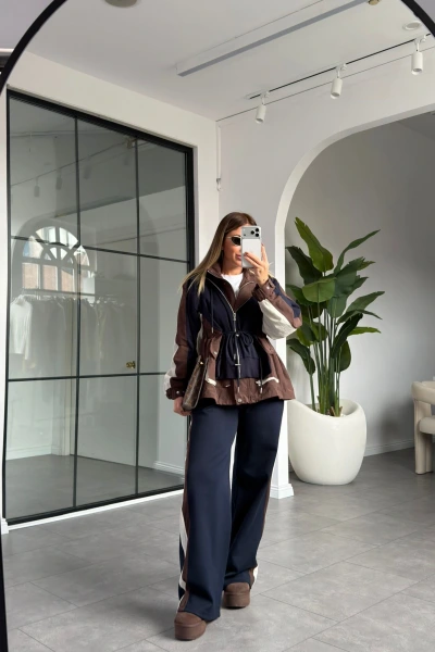 KAHVERENGİ TASARIM FERMUARLI KAPÜŞONLU TAKIM