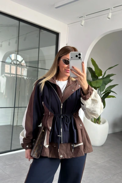 KAHVERENGİ TASARIM FERMUARLI KAPÜŞONLU TAKIM