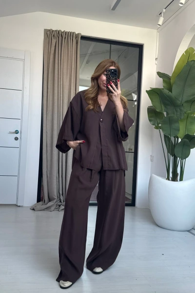 KAHVERENGİ TENSEL TEK DÜĞMELİ TAKIM