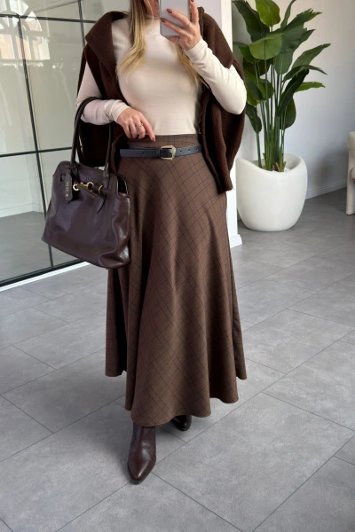 KAHVERENGİ VEREV EKOSE DESEN ETEK