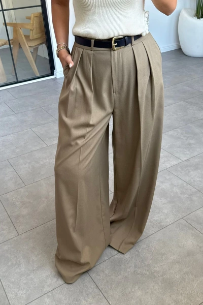 KARAMEL KEMERLİ PİLİLİ PALAZZO PANTOLON