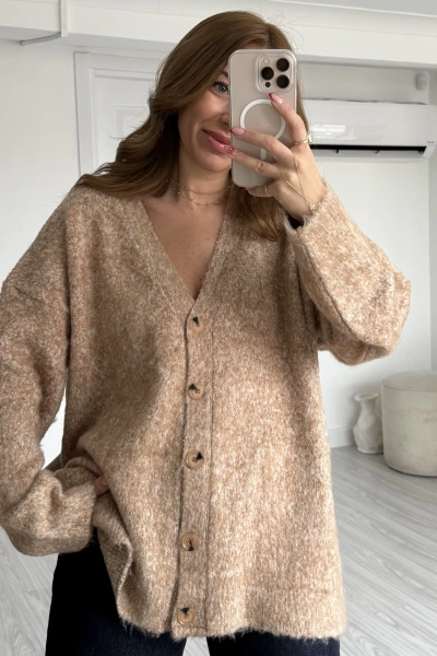 Karamel Renk Geçişli V Yaka Oversize Hırka