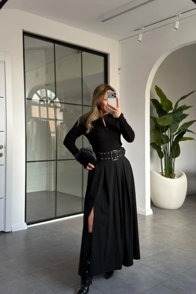 KEMERLİ SİYAH PİLİKAŞE ETEK