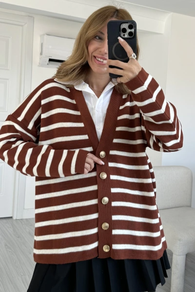 Kiremit Gömlek Yaka Detaylı Çizgili Hırka