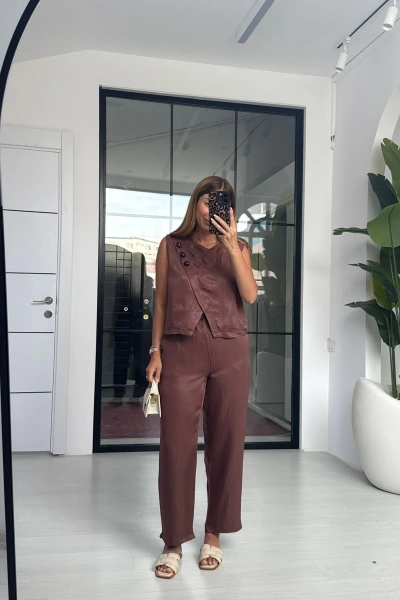 BORDO TAŞ DETAYLI KETEN TAKIM