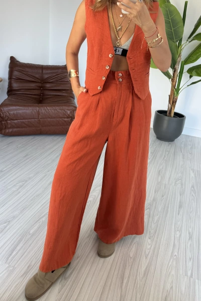 Kiremit Yüksek Bel %100 Keten Pamuk Pantolon