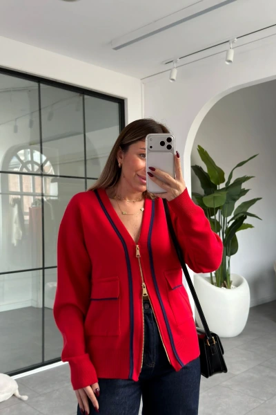 KIRMIZI ÇİFT FERMUARLI PREMİUM HIRKA