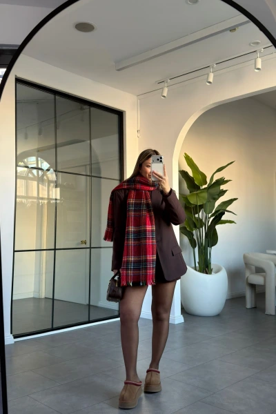 KIRMIZI EKOSE DESEN PÜSKÜLLÜ ŞAL