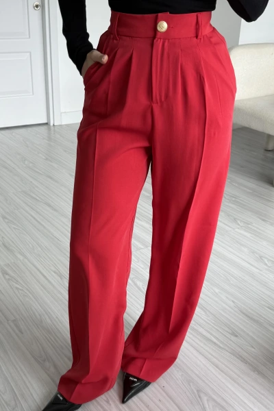 Kırmızı Gold Düğmeli Pileli Palazzo Pantolon