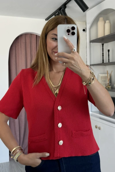 Kırmızı Süs Cep Kısa Kol Hırka