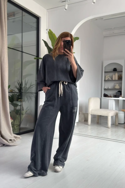 Koyu Gri Oversize İşleme Detay Spor Takım