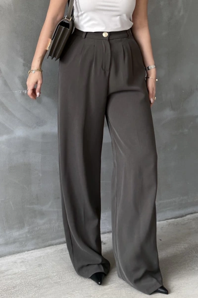 Haki Gold Düğmeli Pileli Palazzo Pantolon