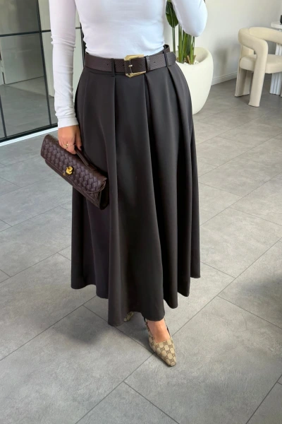 KOYU KAHVE PİLİSELİ KEMERLİ ETEK