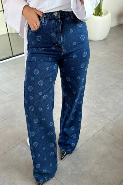 KOYU MAVİ ÇİÇEK DESEN JEAN