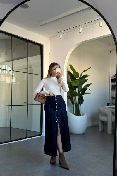 Koyu Mavi Düğmeli Yırtmaçlı Jean Etek